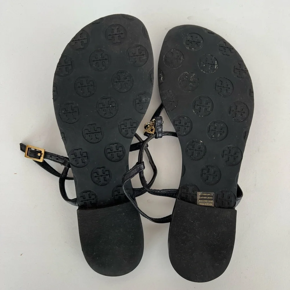 Tory Burch Emmy T-Strap Leather Sandals in Black with Gold Logo, size 6M - Picture 5 of 9